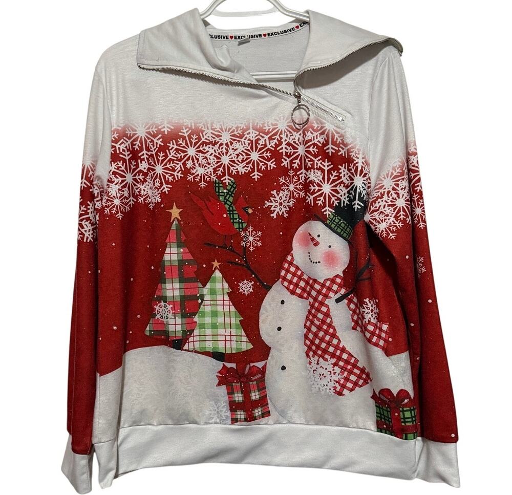 Women's Gray Reddish Snowman Christmas Trees Presents and Cardinal Top Size XL